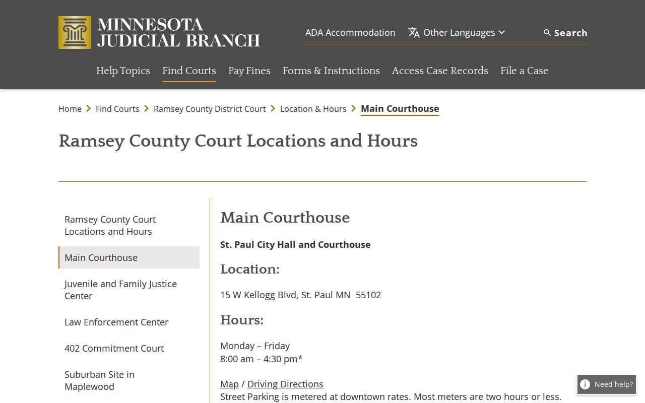 Ramsey County warrant records page showing the main courthouse exterior and offices