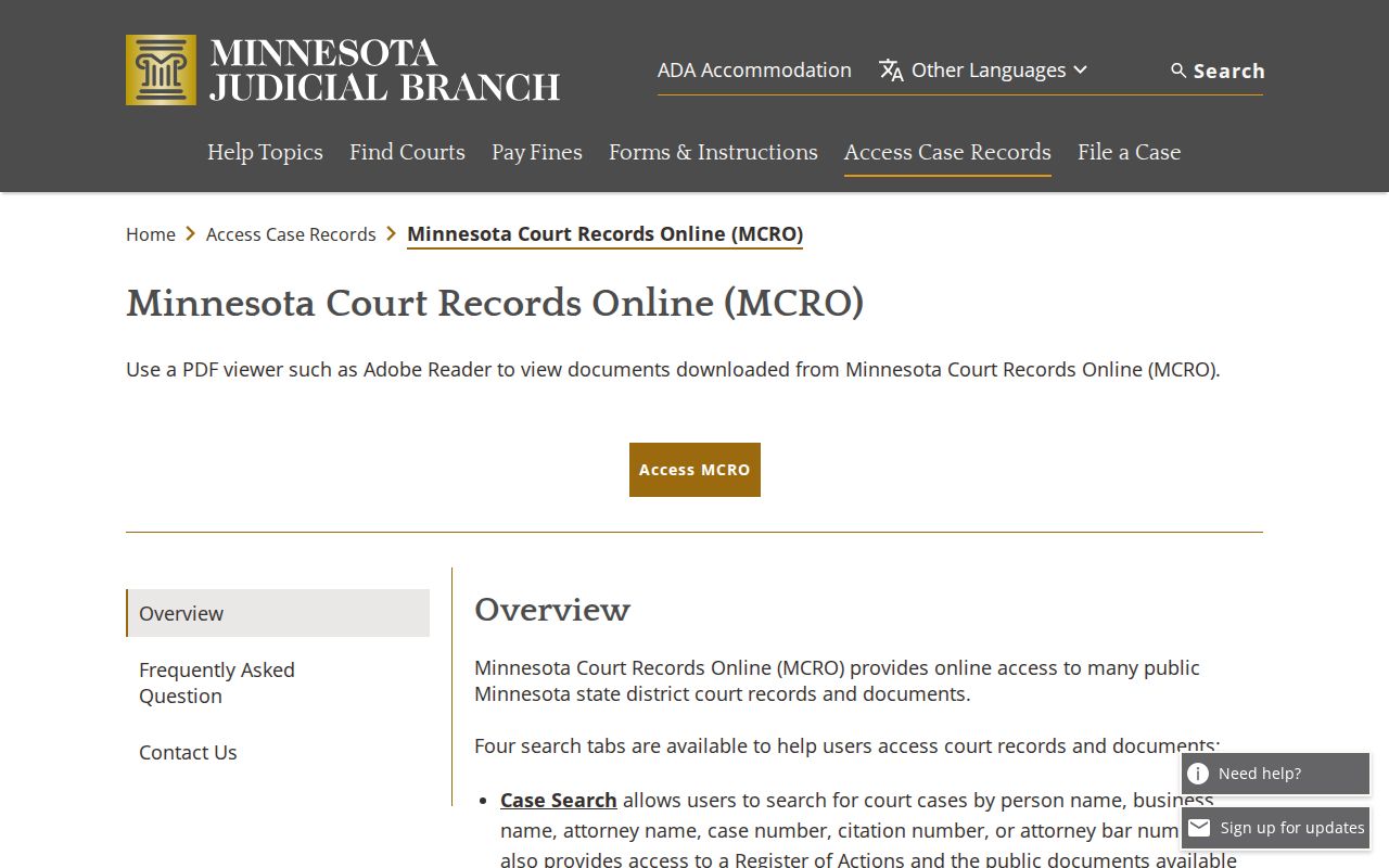 Ramsey County warrant records page showing MCRO case, document, hearing, and judgment searches