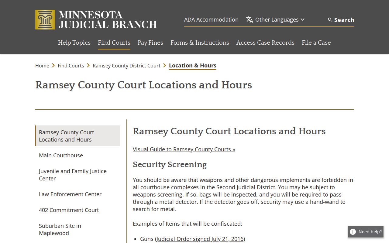 Ramsey County warrant records page showing official court locations and security notice