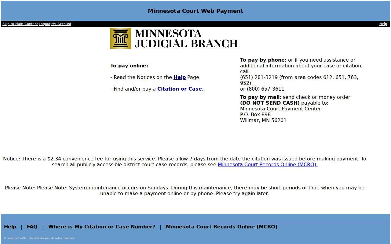 Ramsey County warrant records page showing the official court payment portal landing page