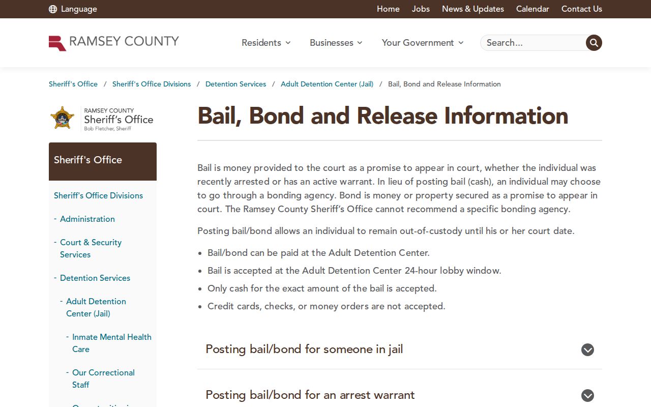 Ramsey County warrant records page showing bail and bond release information