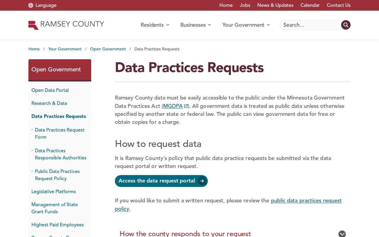 Ramsey County warrant records page showing public inspection and copy rules and fees