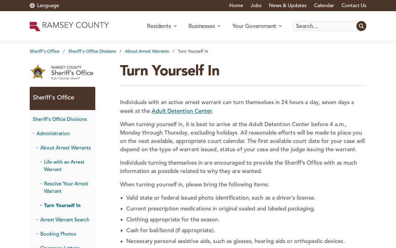 Ramsey County warrant records page showing the voluntary turn-in timing and checklist