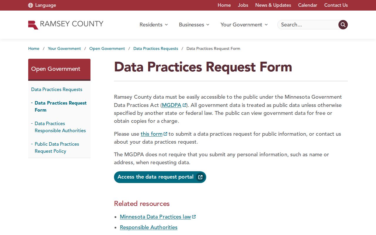 Ramsey County warrant records page showing the official data request portal link