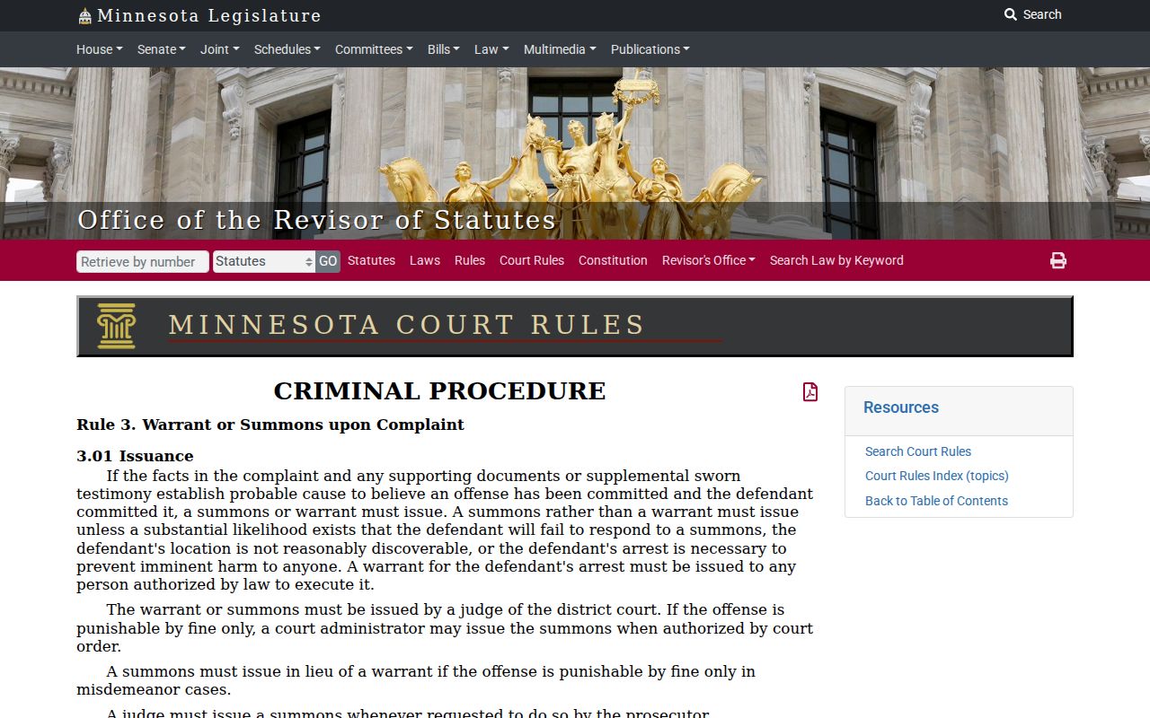 Ramsey County warrant records page showing the summons versus warrant court rule text