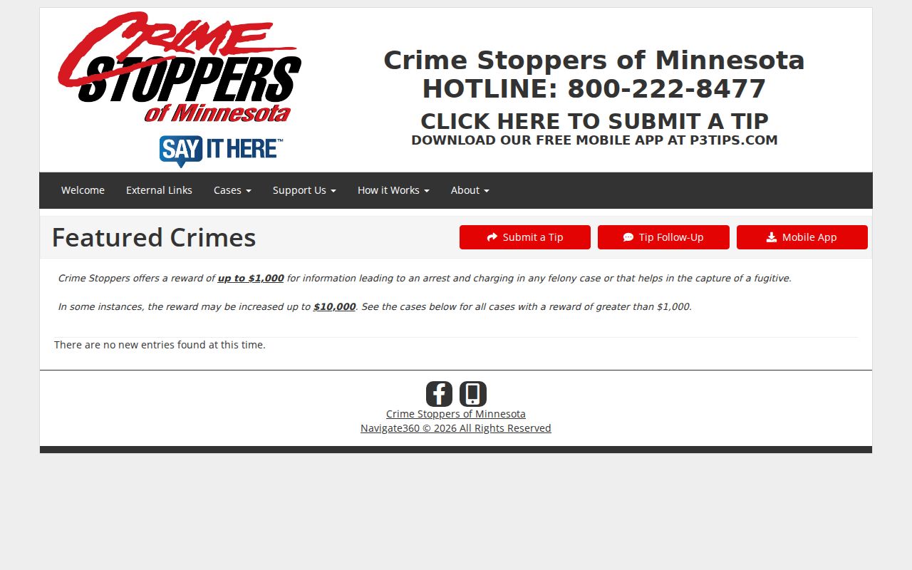 Ramsey County warrant records page showing the anonymous tip and reward program interface