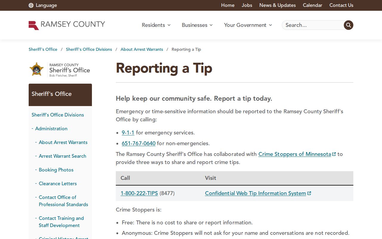 Ramsey County warrant records page showing the sheriff tip program banner