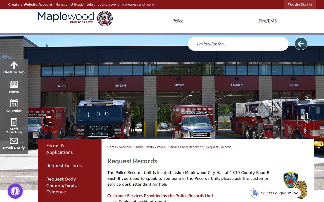 Maplewood warrant records page showing the city records request instructions