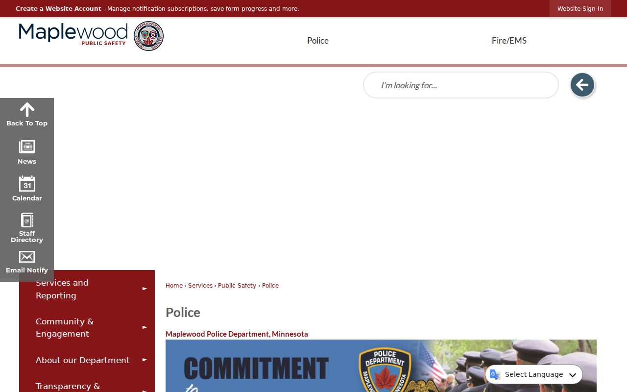 Maplewood warrant records page showing the Maplewood Police Department public contact panel