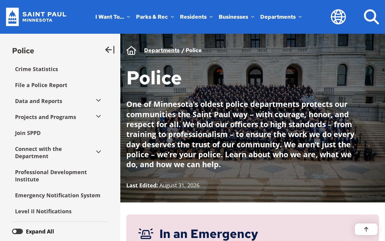 St. Paul warrant records page showing the St. Paul Police Department public contact panel