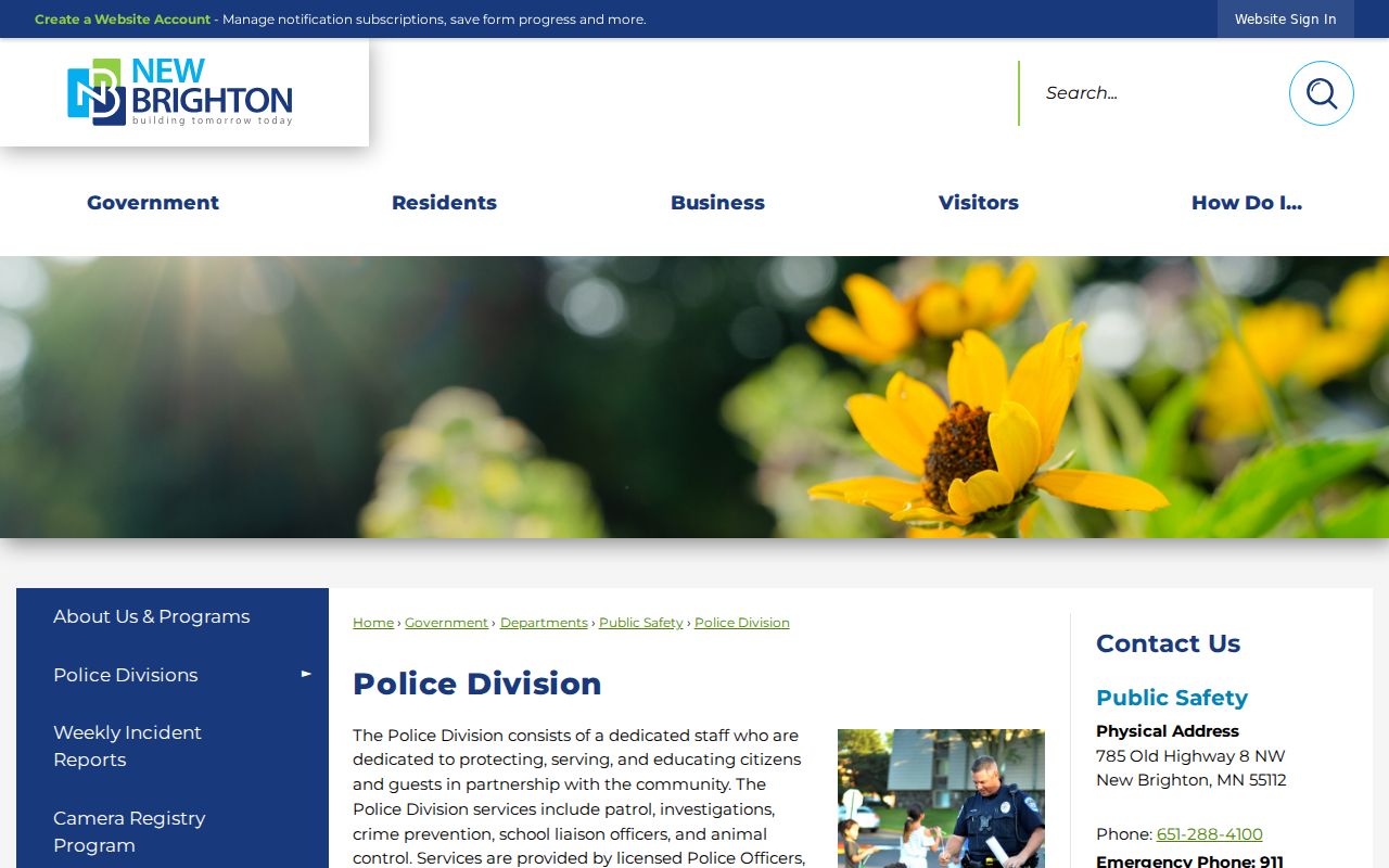 New Brighton warrant records page showing the New Brighton public safety contact panel