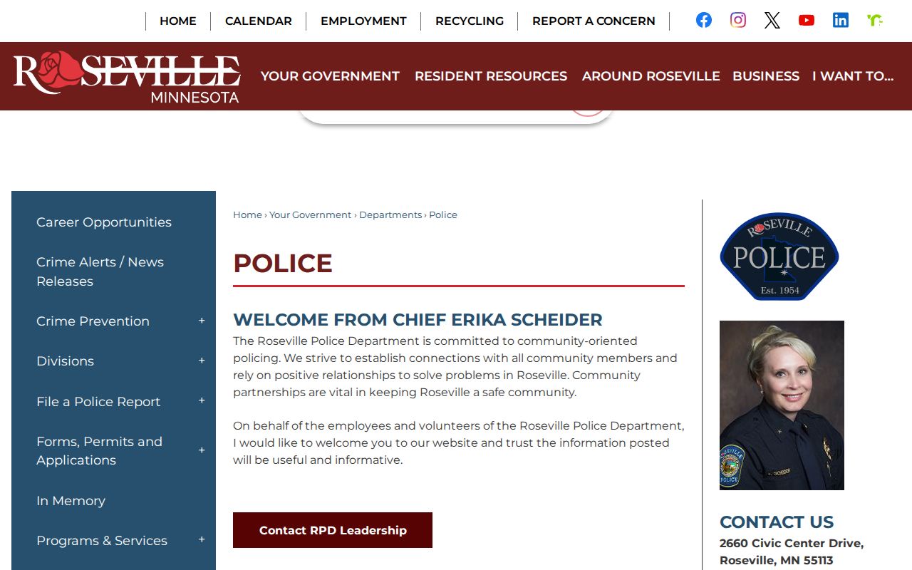 Roseville warrant records page showing the Roseville Police Department public contact panel