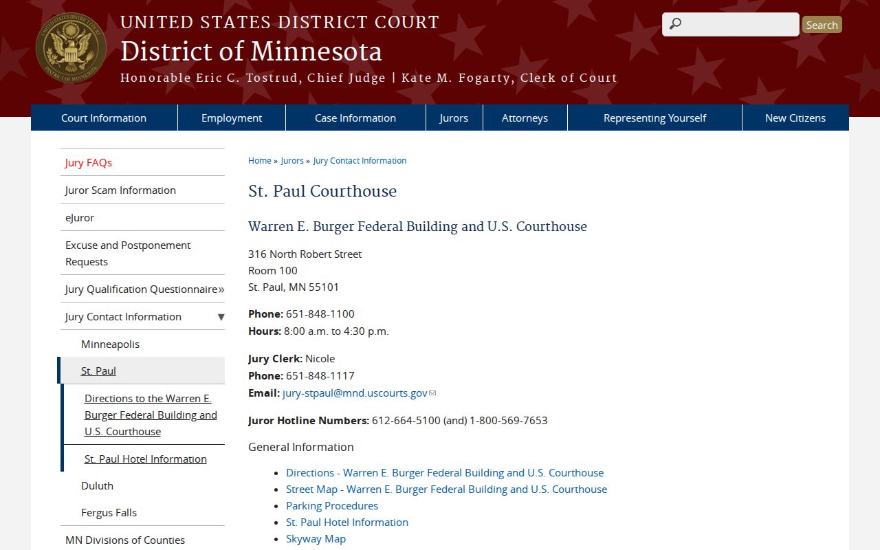 Ramsey County warrant records page showing the federal courthouse location panel