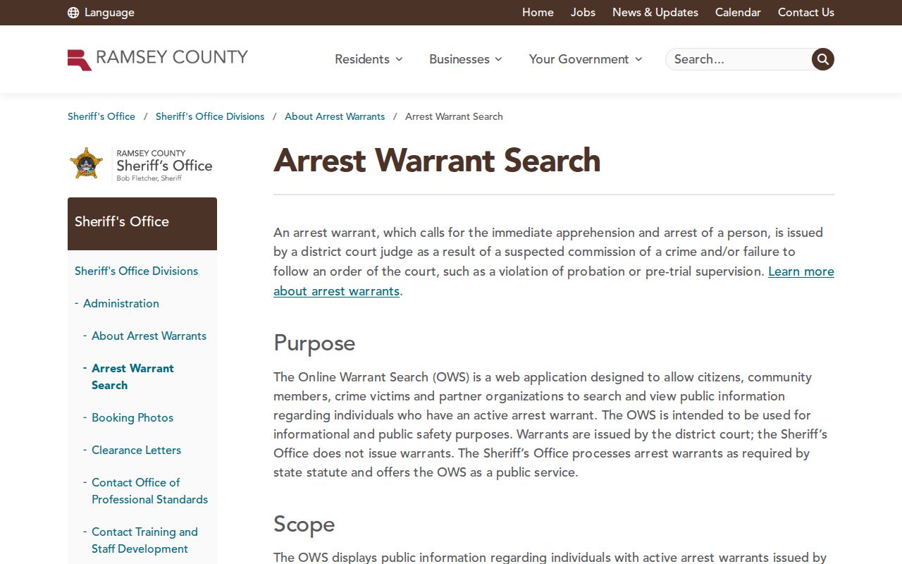 Ramsey County warrant records page with the official search scope and safety disclaimer