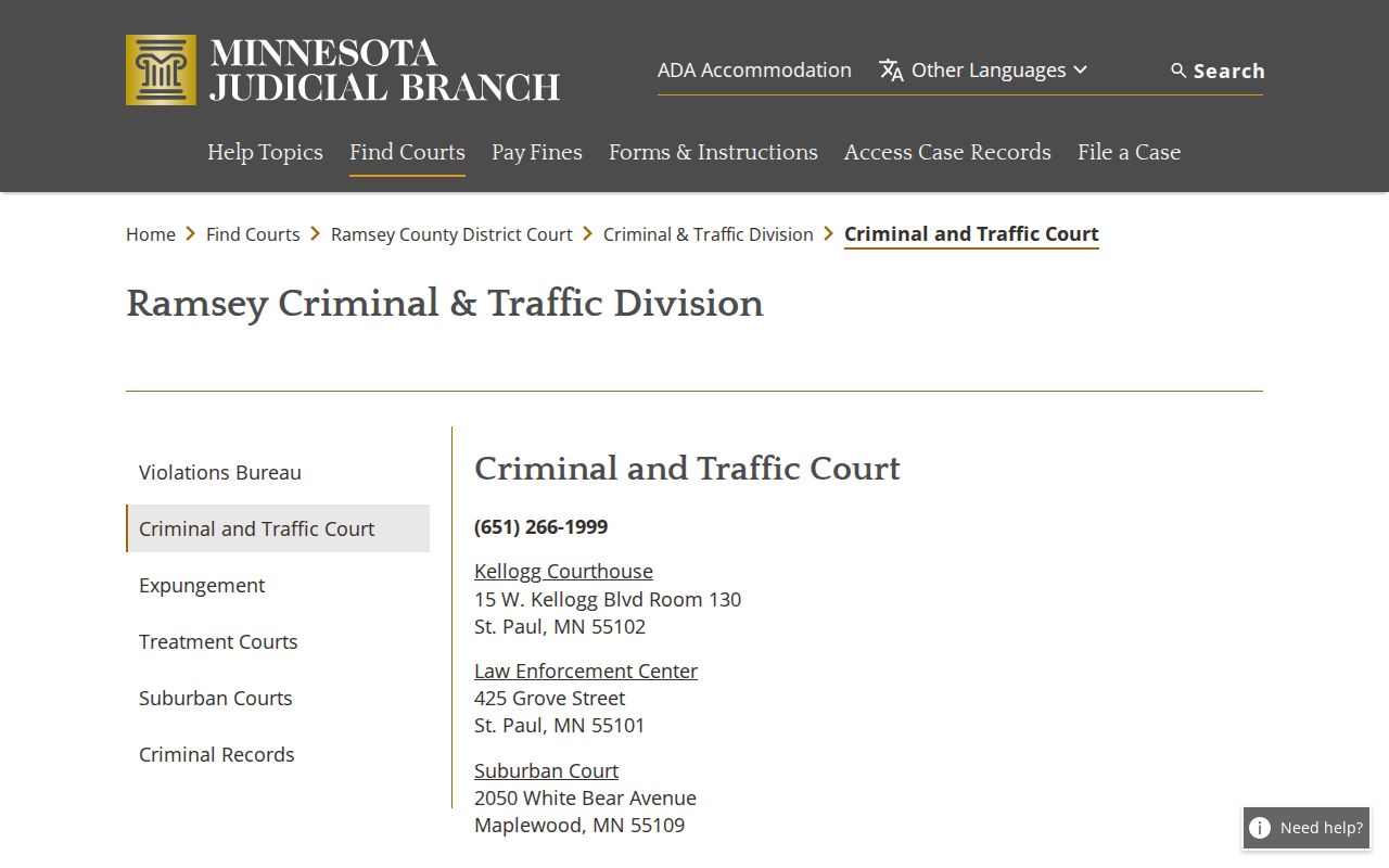 Ramsey County warrant records page showing criminal and traffic court contact and warrant clearing instructions