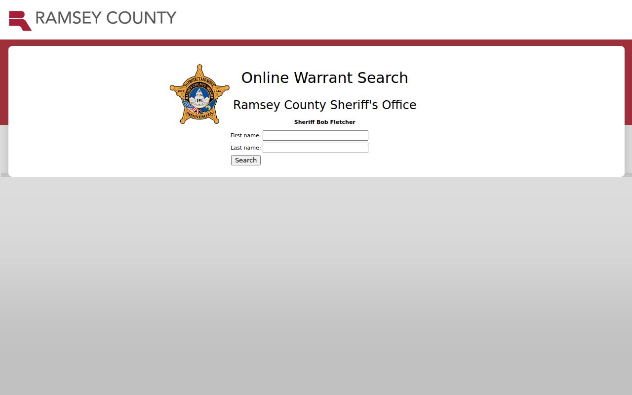 Ramsey County warrant search form with first name and last name fields