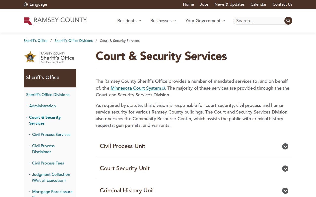 Ramsey County warrant records page showing Sheriff's Court and Security Services divisions